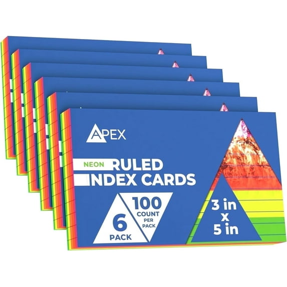 E-Clips USA 3” x 5” Index Cards Assorted Neon Flashcards, 6-Pack (100 Cards Per Pack)