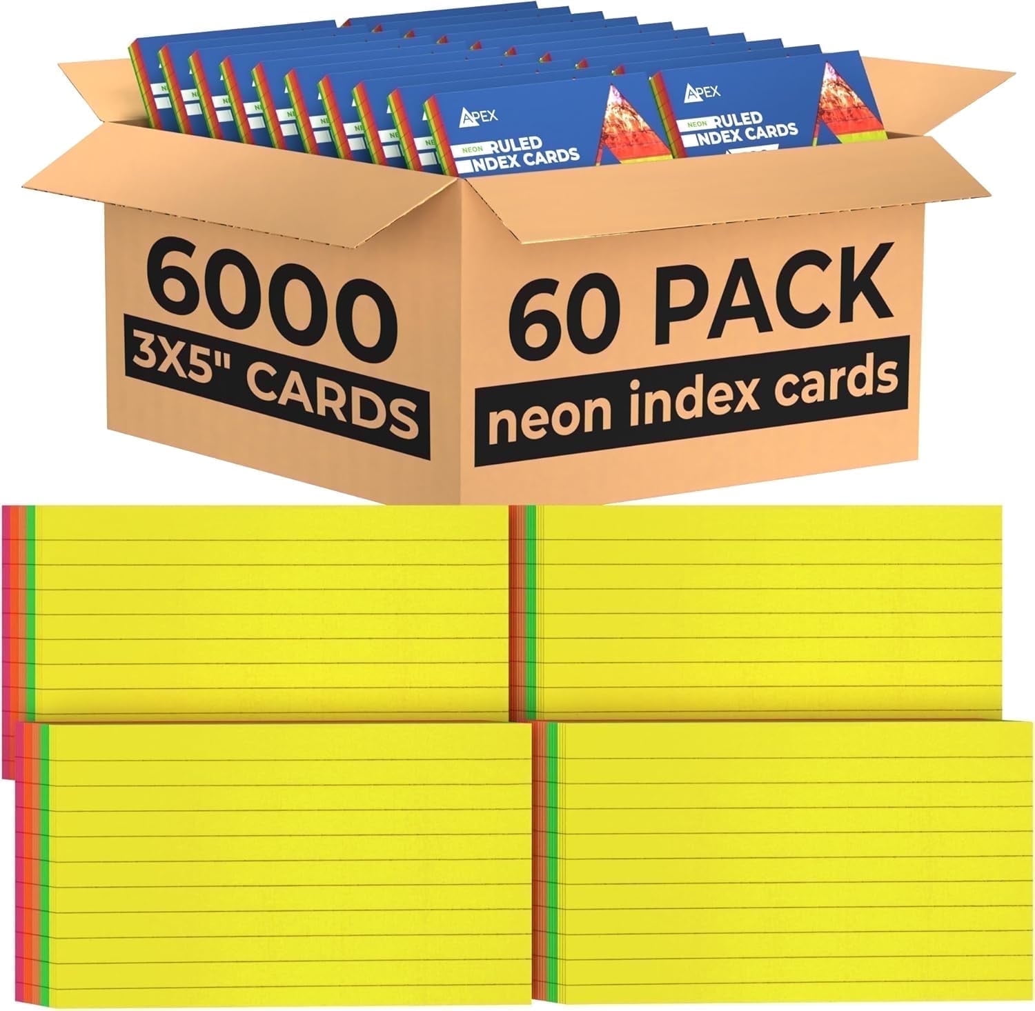 E-Clips USA 3” x 5” Index Cards Assorted Neon Flashcards, 60-Pack (100 Cards Per Pack)