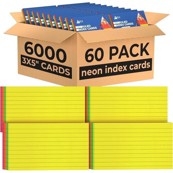 E-Clips USA 3” x 5” Index Cards Assorted Neon Flashcards, 60-Pack (100 Cards Per Pack)