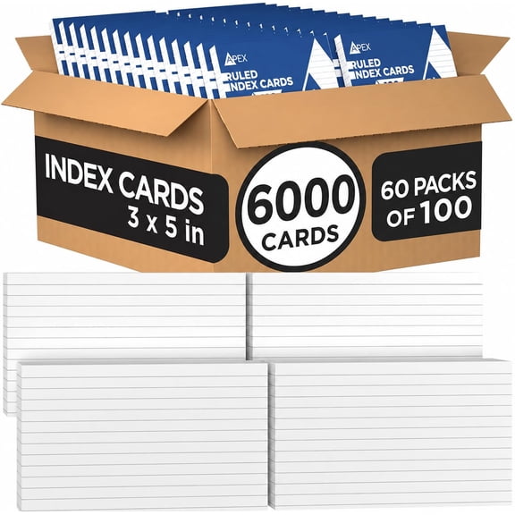 E-Clips USA Index Cards, White Ruled Notecards with Blank Back, 3” x 5”, 100 Cards Per Pack, 60 Pack