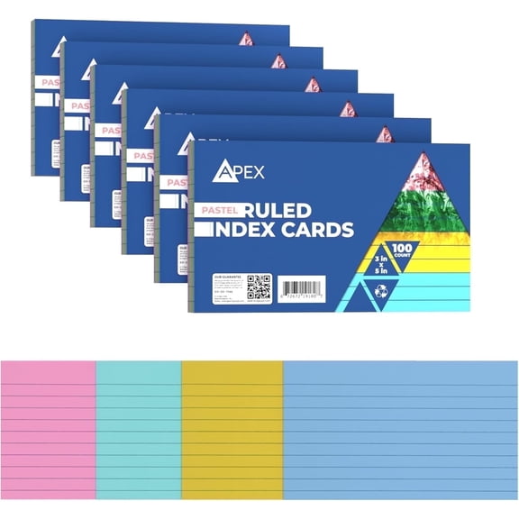 E-Clips USA 3” x 5” Index Cards Assorted Pastel Flashcards, 6-Pack (100 Cards Per Pack)