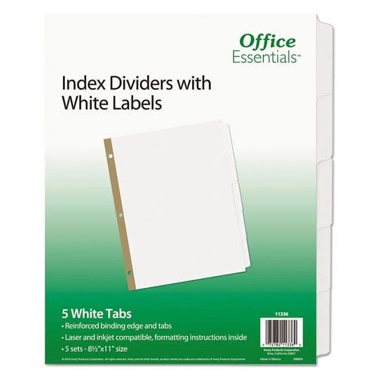 Index Dividers with White Labels, 5-Tab, 11 x 8.5, White, 5 Sets Index Dividers with White Labels, 5-Tab, 11 x 8.5, White, 5 Sets