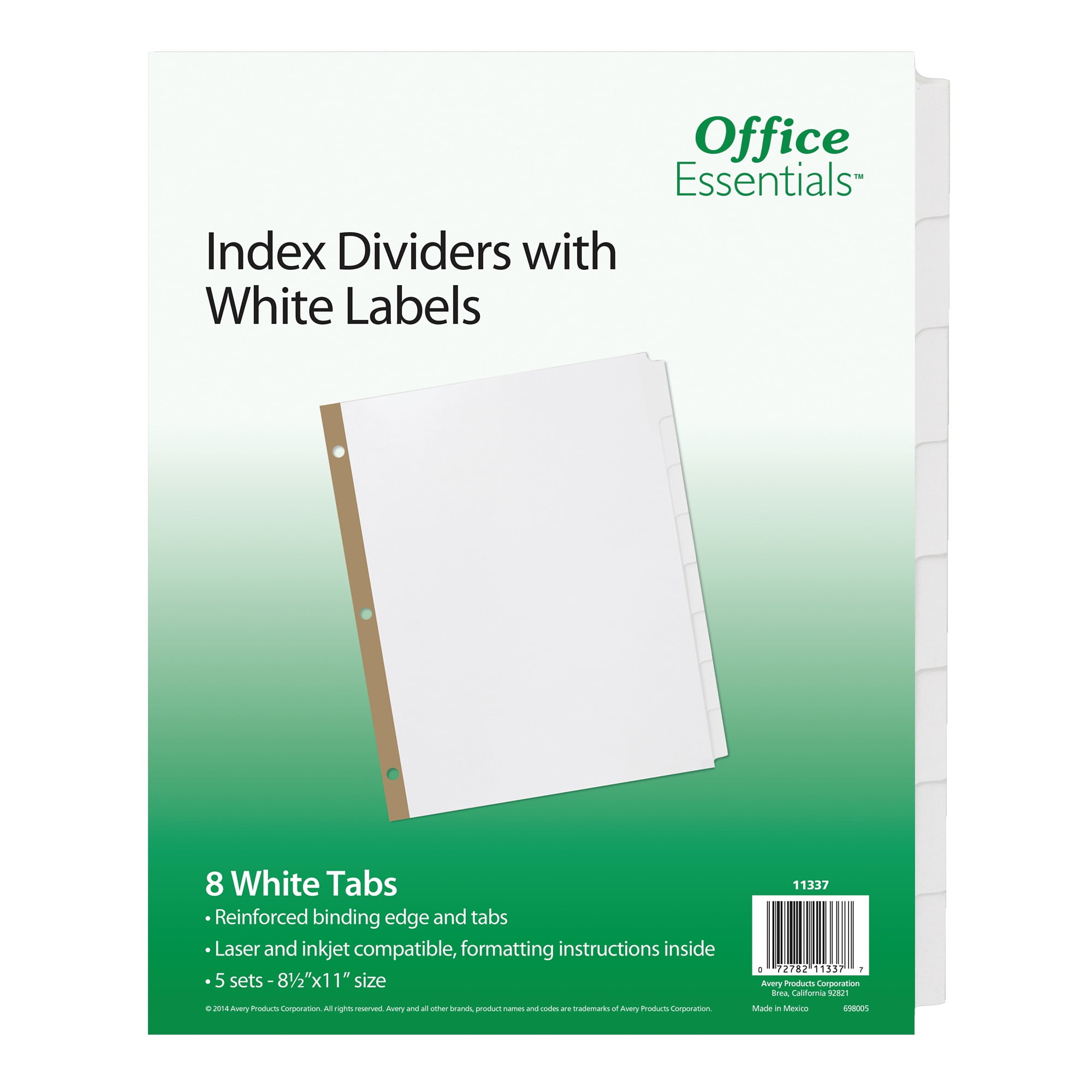 Index Dividers with White Labels, 8-Tab, 11 x 8.5, White, 5 Sets