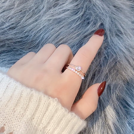 Womens Double Heart Ring Adjustable Rose Gold Plated Copper Ring Micro Inlaid Gems Geometric Design Index Finger Ring Korean Fashion Jewelry