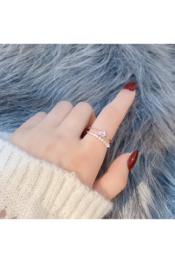 Womens Double Heart Ring Adjustable Rose Gold Plated Copper Ring Micro Inlaid Gems Geometric Design Index Finger Ring Korean Fashion Jewelry