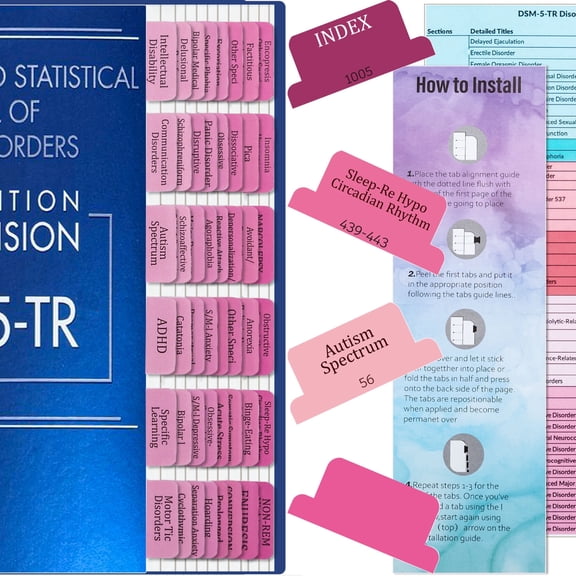 Index Tabs Compatible with DSM-5-TR Manual 94 Color-Coded Pre-Printed Tabs with Page Numbers, Alignment Tool & Quick-Reference Cheat Sheet (Pink)