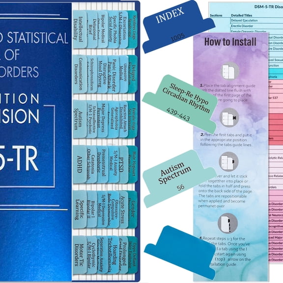 Index Tabs Compatible with DSM-5-TR Manual 94 Color-Coded Pre-Printed Tabs with Page Numbers, Alignment Tool & Quick-Reference Cheat Sheet (Blue)