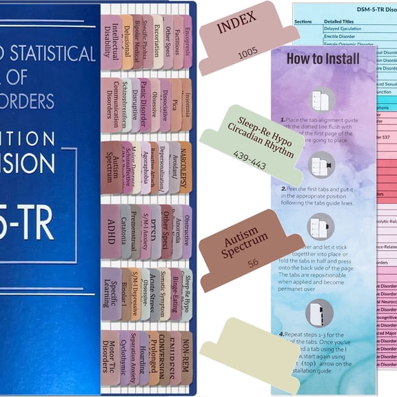 Index Tabs Compatible with DSM-5-TR Manual 94 Color-Coded Pre-Printed Tabs with Page Numbers, Alignment Tool & Quick-Reference Cheat Sheet (Colorful)