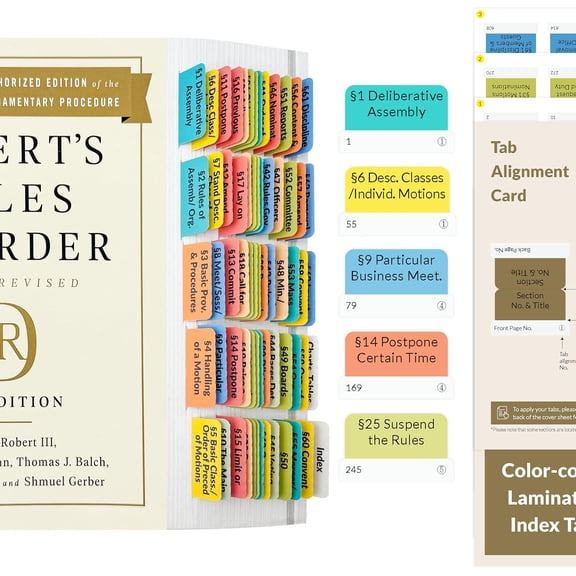 Index Tabs for Robert's Rules of Order Newly Revised 12th Edition | 90 Laminated Book Tabs with Guide & Alignment Card, Color-Coded (Book not Included)