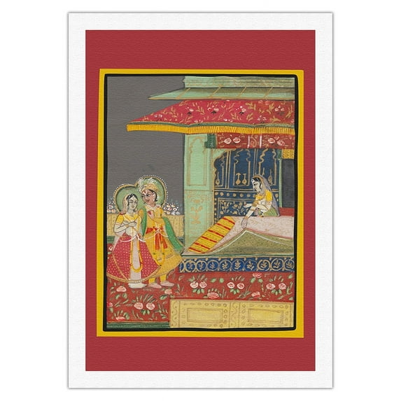 India - A Prince with his Beloved - Vintage Indian Miniature Painting c.1800s - Fine Art Rolled Canvas Print 27in x 40in