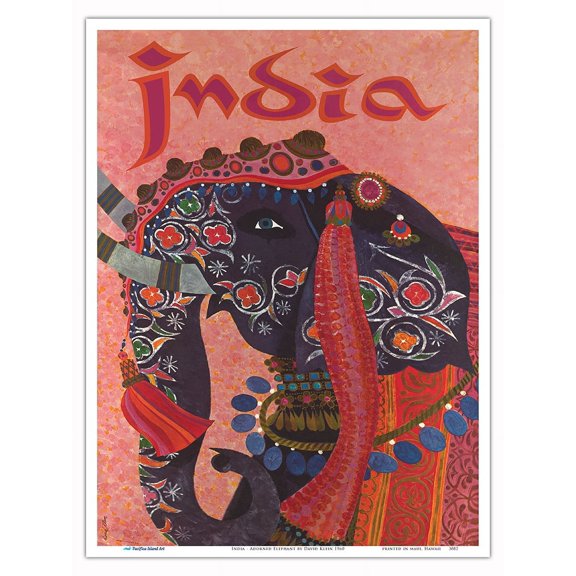 India - Adorned Elephant - Vintage Travel Poster by David Klein 1960 - Master Art Print (Unframed) 9in x 12in