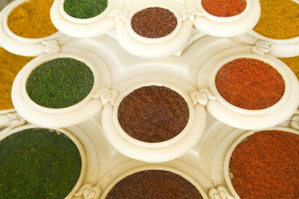 India Agra Abstract Colorful Bowls Of Spices In Vases From Above Canvas Art - Bill Bachmann Design Pics (18 x 12)