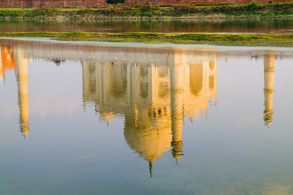 India Agra Taj Mahal Temple Reflection At Sunset On Yamuna River Canvas Art - Bill Bachmann Design Pics (36 x 24)