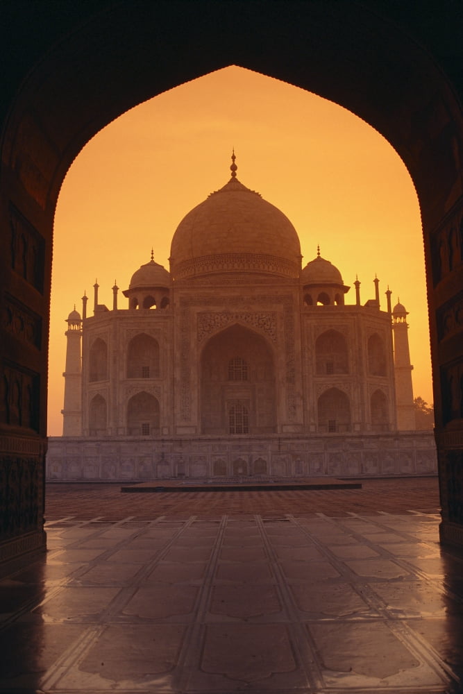 India Agra View Of Taj Mahal Through Archway Of Adjacent Building Orange Sunset Sky Canvas Art - Richard Maschmeyer Design Pics (12 x 19)
