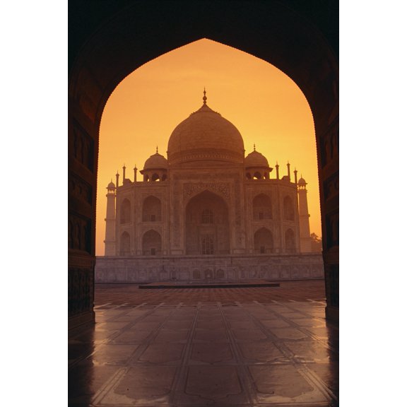 India Agra View Of Taj Mahal Through Archway Of Adjacent Building Orange Sunset Sky Poster Print