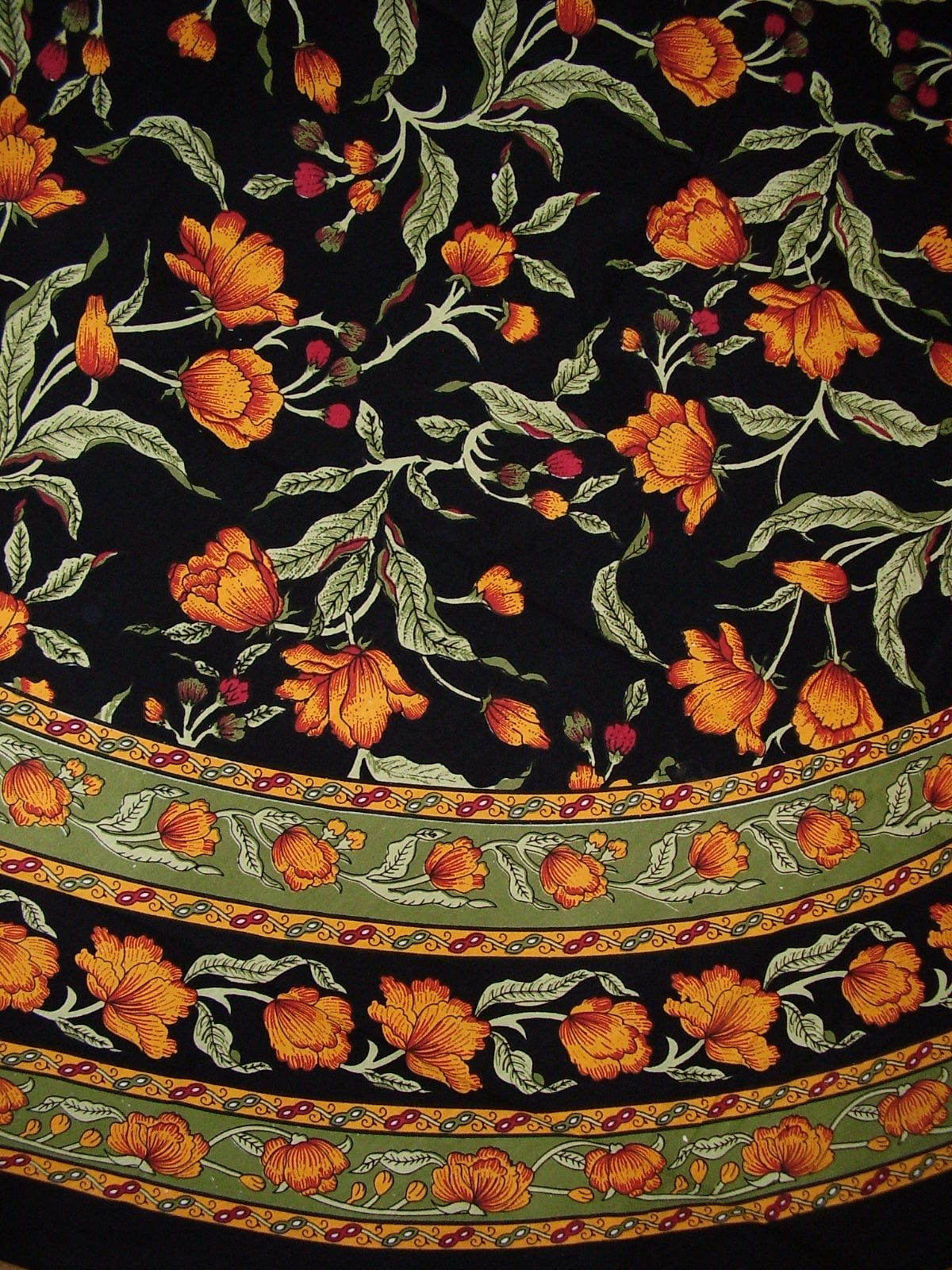 Amber Floral Round Cotton Tablecloth 88" Black Background