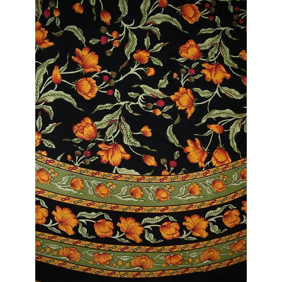 India Arts French Floral Round Cotton Tablecloth 88" Amber on Black