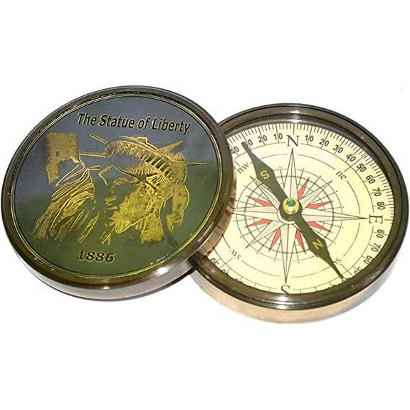 India Brass Poem Compass 4 inch The Statue of Liberty Direction Hiking Camping Brass Compass Pirate Gift Compass