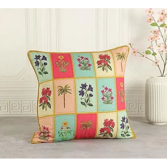 India Circus by Krsnaa Mehta Blossom Treasure Multicolor Printed Decorative Cotton Poplin Cushion Pillow Cover for Couch, Sofa, Bed Set of 1 Single Pcs (18 x 18 Inches)