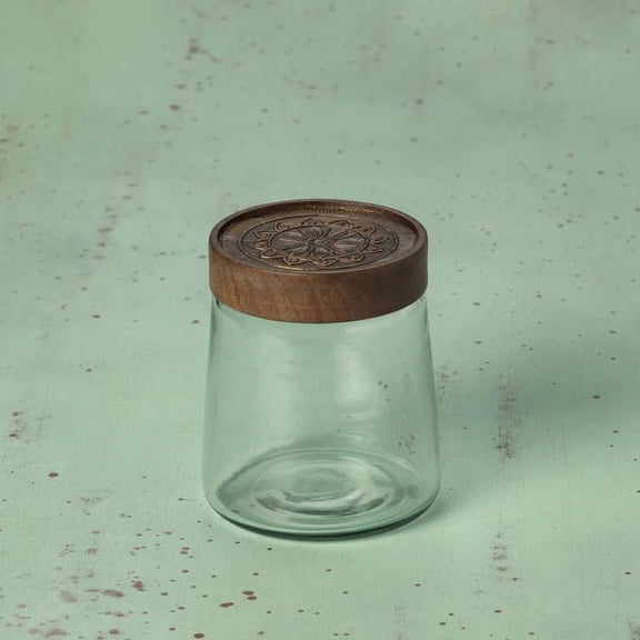 India.Curated. Clear Glass Jar With Metal Cladding Lid Small