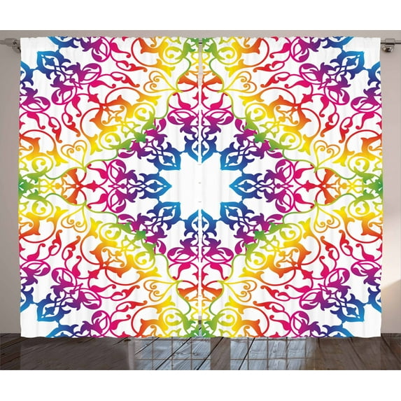 Ambesonne Ethnic Curtains 2 Panel Set, Abstract Lace Swirls Ivy, 108" x 84", Multicolor