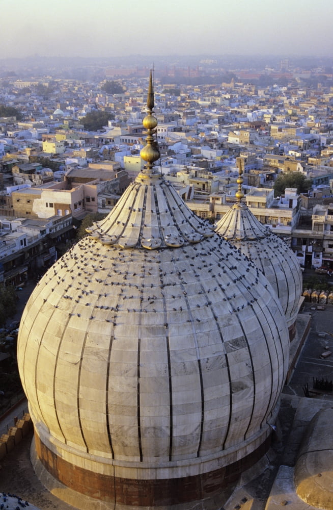 India Delhi Jama Masjid Aerial View Of Mosque With Birds Sitting Atop City Skyline In Distance Canvas Art - Richard Maschmeyer Design Pics (22 x 36)