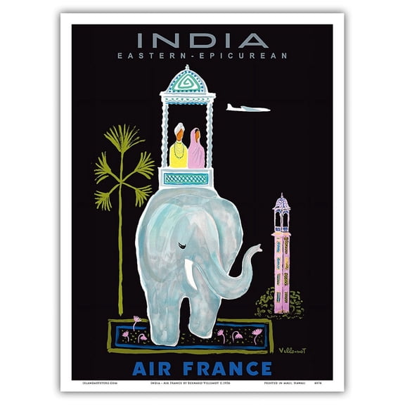 India - Eastern Epicurean - Indian Elephant with Howdah (Carriage) - France - Vintage Airline Travel Poster by Bernard Villemot c.1956 - Master Art Print (Unframed) 9in x 12in