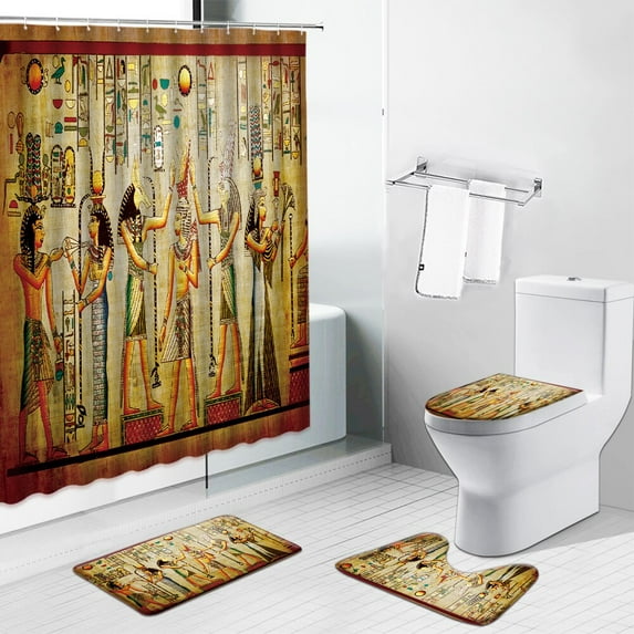 India Ethnic Style Ancient Egypt Retro Print Shower Curtains Bathroom Curtain Set Flannel Non-Slip Rugs Toilet Cover Mat Carpet