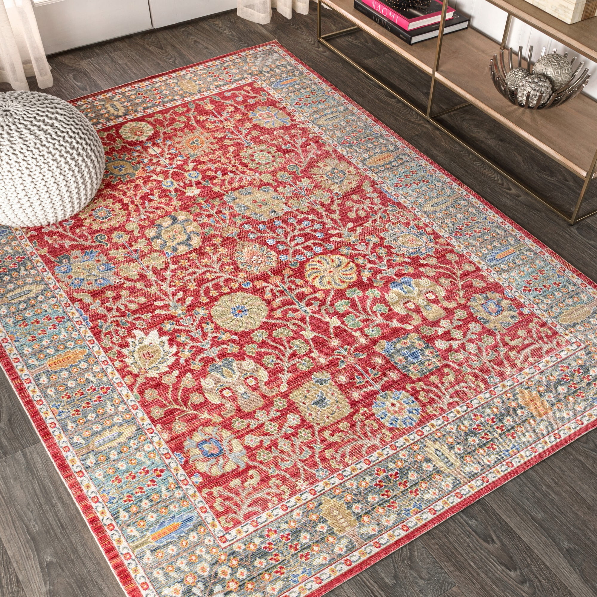 Burgundy and Light Blue Synthetic Floral Area Rug