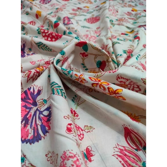 India Hand Block Cotton Prints Bohemian Ethnic Fabric Beige Floral Dressmaking