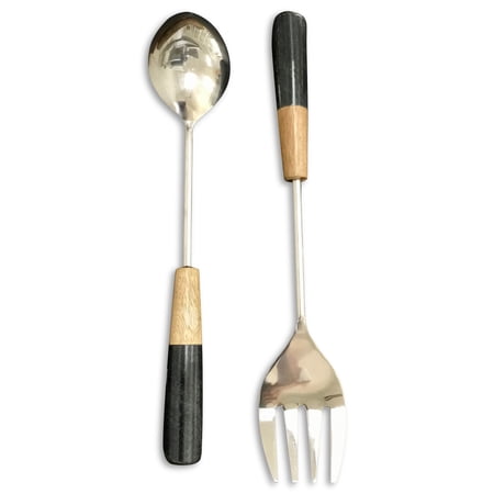 India Handicrafts 15823 Stone Black Handled 13 inch Stainless Steel Dining Entertaining Flatware Salad Serving Set