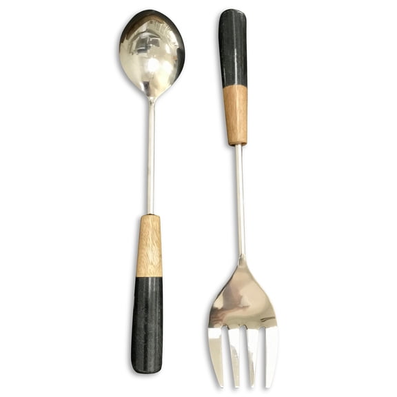 India Handicrafts 15823 Stone Black Handled 13 inch Stainless Steel Dining Entertaining Flatware Salad Serving Set