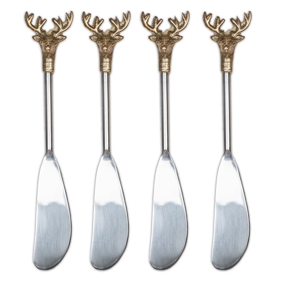 India Handicrafts 15829 Sculpted Deer Silver and Gold Tone 6.5 Inch Stainless Steel Cheese Knife Spreader Set Of 4