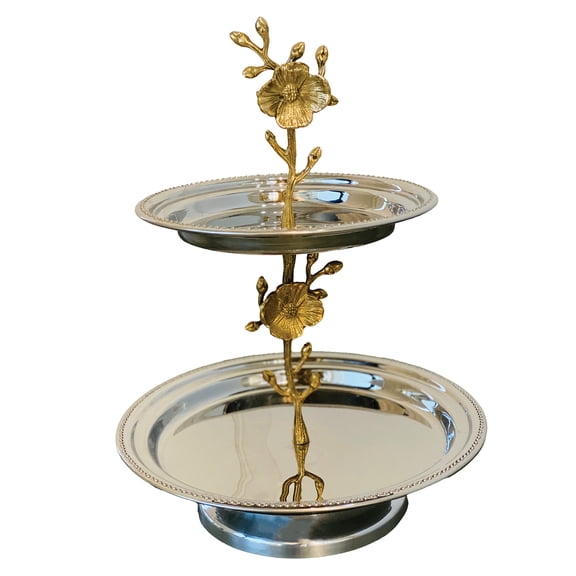 India Handicrafts 15843 2-Tier Floral Round 13 x 8 x 8 Inches Silver Aluminum & Brass Metal Party Tiered Serveware Appetizer Dessert Cookie Cake Stand Display, Home Kitchen Dcor