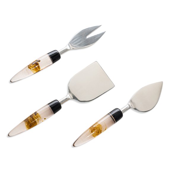 India Handicrafts 20094 Amber Brown Oval Handle 7 inch Stainless Steel Dining Entertaining Flatware Cheese Knife Serving Set of 3