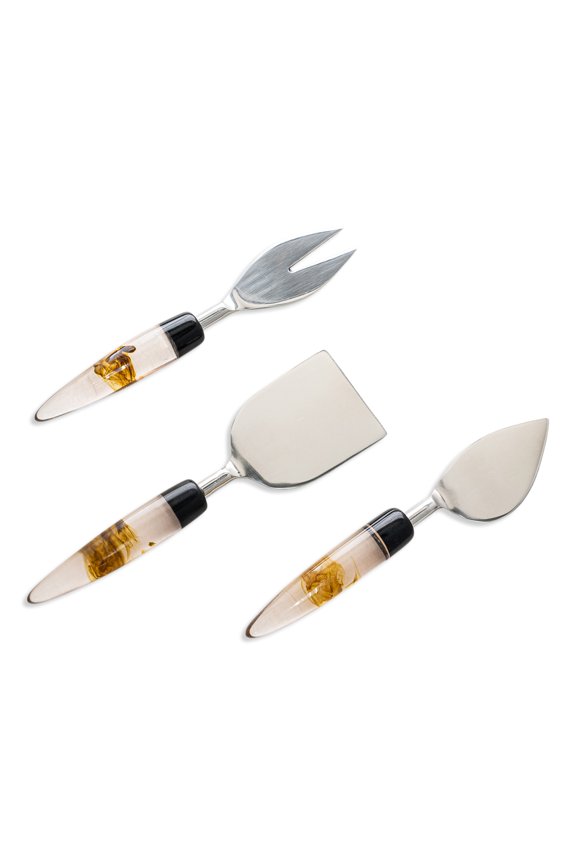 India Handicrafts 20094 Amber Brown Oval Handle 7 inch Stainless Steel Dining Entertaining Flatware Cheese Knife Serving Set of 3