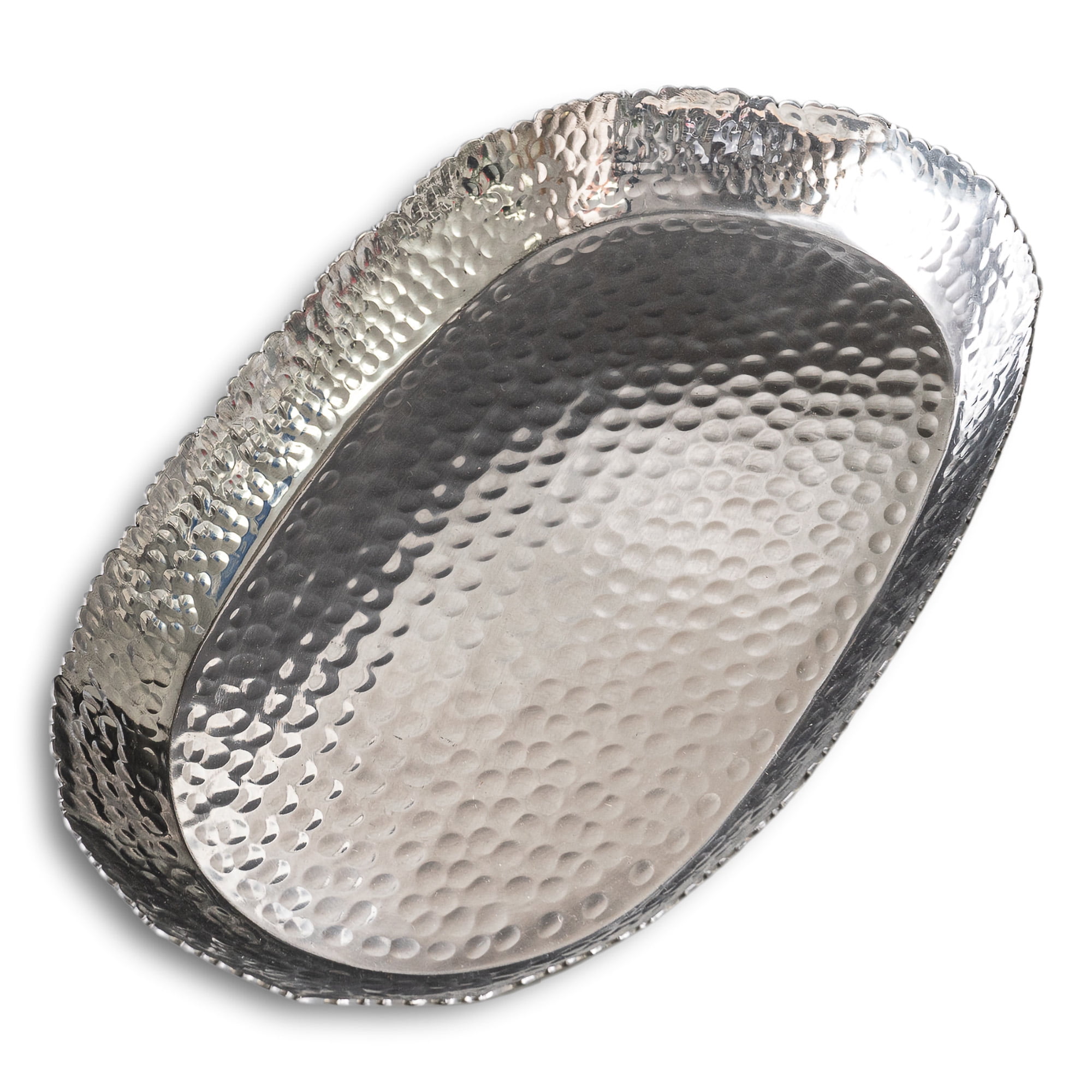 India Handicrafts 20186 Silver Tone Hammered Oval 16 inch Aluminum Decorative Serving Tray Platter