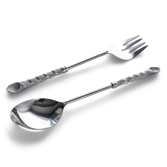 India Handicrafts 20360 Stacked Shell Design Handle Silver Tone 13 Inch Aluminum Flatware Serving Set
