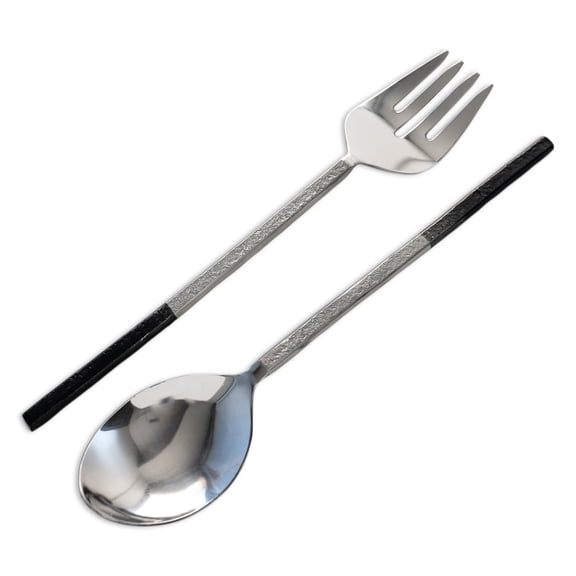 India Handicrafts 20364 Black Handle Silver Tone 13 Inch Stainless Steel Flatware Serving Set