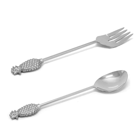 India Handicrafts 20672 Polished Silver Tone Pineapple 13 inch Stainless Steel Flatware Salad Serving Set For Dining, Entertaining, and Everyday Set of 2