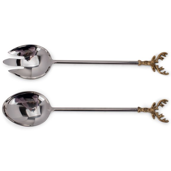 India Handicrafts Deer Gold Tone 13 inch Metal Flatware Salad Servers Set of 2