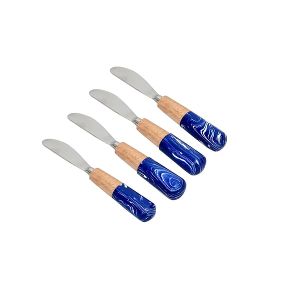 India Handicrafts 20392 Classy Blue Swirl Stone 7 inch Stainless Steel Kitchen Serving Cheese Spreader Knives Set of 4