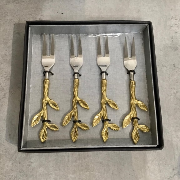 India Handicrafts Leaf Gold Tone 5 inch Stainless Steel Metal Flatware Serving Forks Set of 4