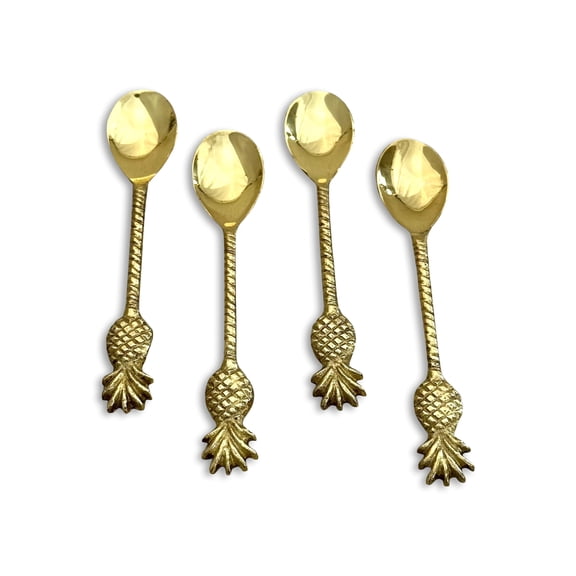 India Handicrafts Tropical Pineapple Fruit, Gold Tone 5.5 Inch Stainless Steel Coffee/Dessert Spoon; Set of 4