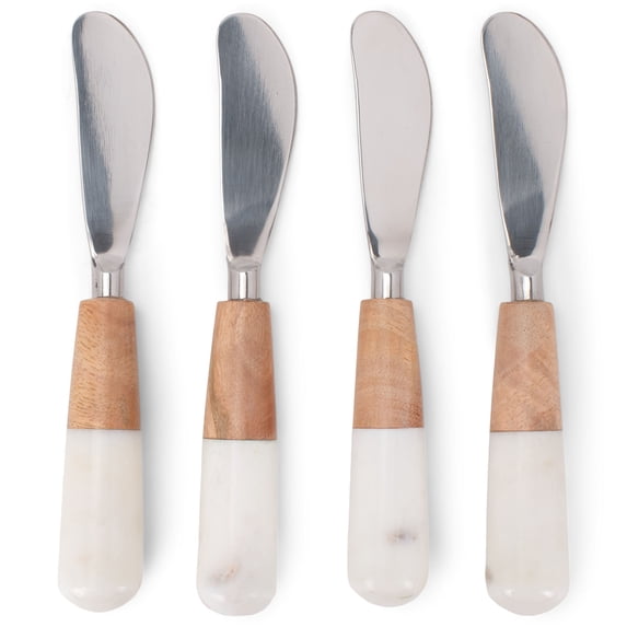 India Handicrafts Woodgrain Silver Tone 7 inch Wood and Stone Cheese Knife Spreaders Set of 4