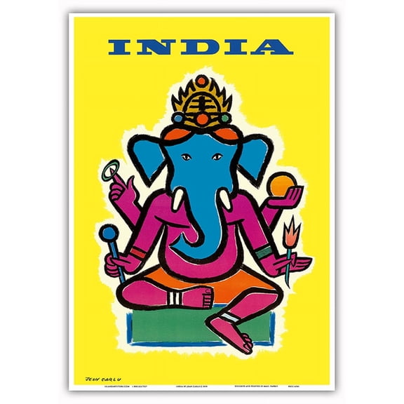 India - Hindu Lord Ganesha (Ganesh) - Vintage Airline Travel Poster by Jean Carlu c.1959 - Master Art Print 10in x 14in