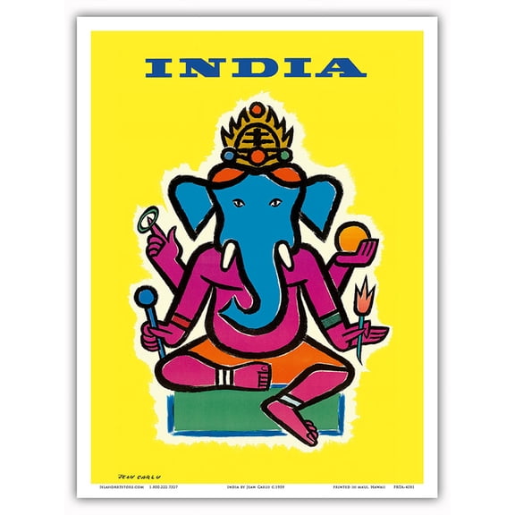 India - Hindu Lord Ganesha (Ganesh) - Vintage Airline Travel Poster by Jean Carlu c.1959 - Master Art Print (Unframed) 9in x 12in