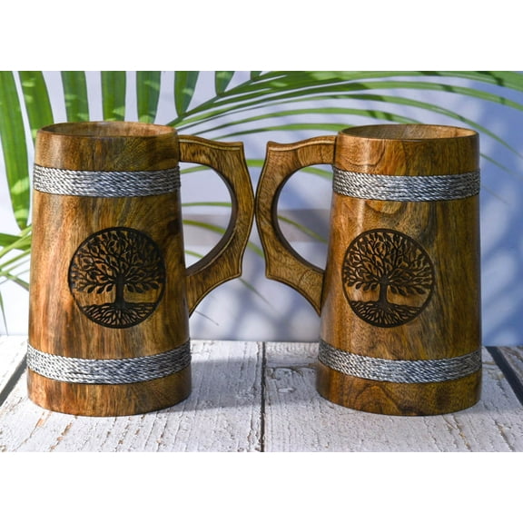India House Beer Mug for him/ 22 OZ Wooden Beer Mug- Wedding & Birthday Gifts(Set of 2 Mango Wooden Beer Mug with Both Side Engraving)- 7 inch