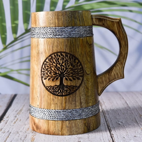 India House Beer Mug for him/ 22 OZ Wooden Beer Mug- Wedding & Birthday Gifts(oneMango Wooden Beer Mug with Both Side Engraving)- 7 inch