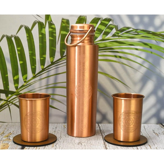 India House- Copper Bottle (Matte)Seven Chakra 100% Pure Copper With Heart Chakra Glasses -1000ml